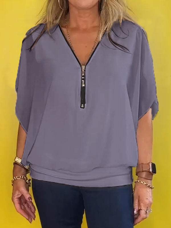 Women Chiffon Half-zip Short-sleeved Casual Shirt & Top