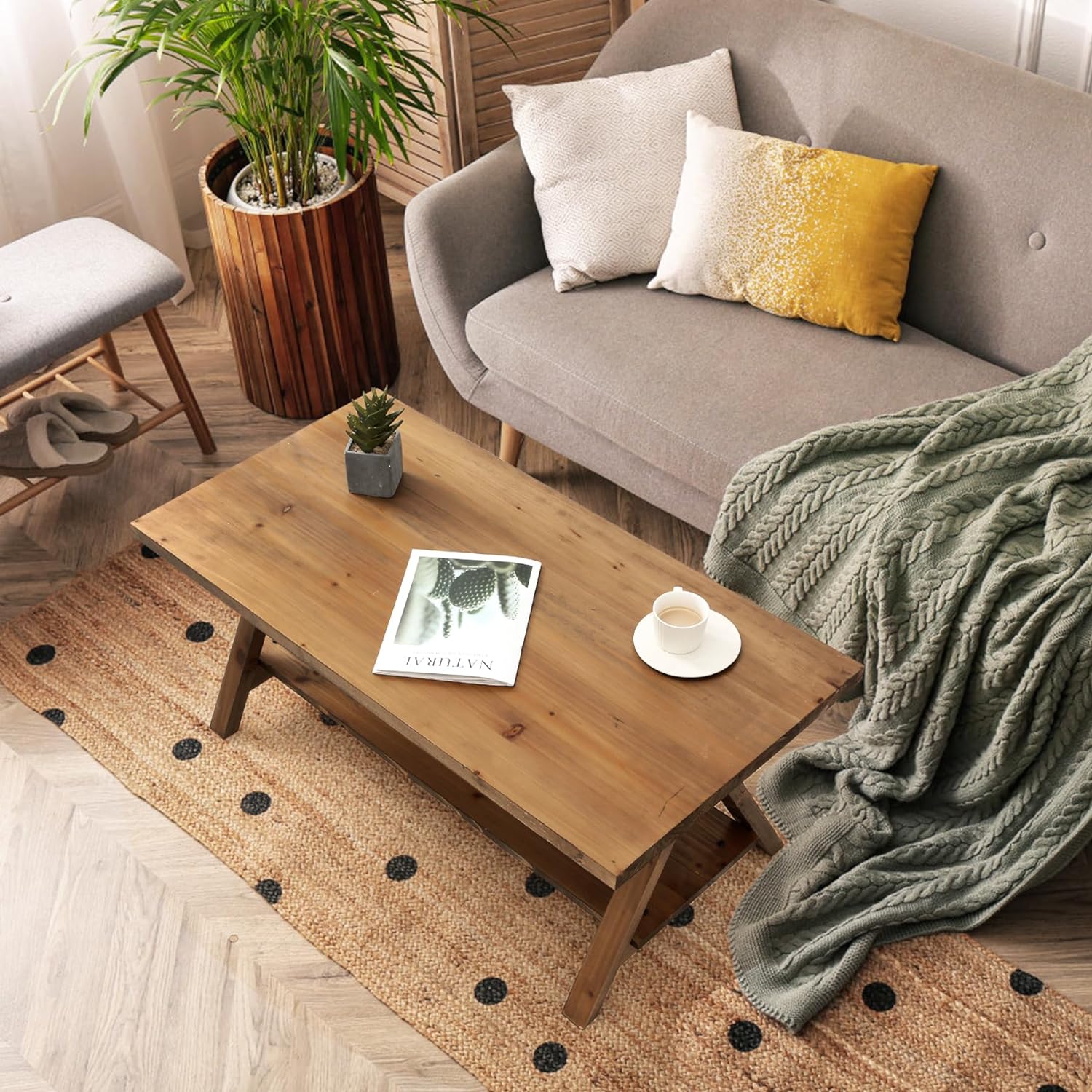 Solid Wood Coffee Table - 42.5” Firwood Farmhouse Rustic Wooden Coffee Tables for Living Room, Solid Firwood Rectangle Coffee Table, Center Table for Living Room, Brown