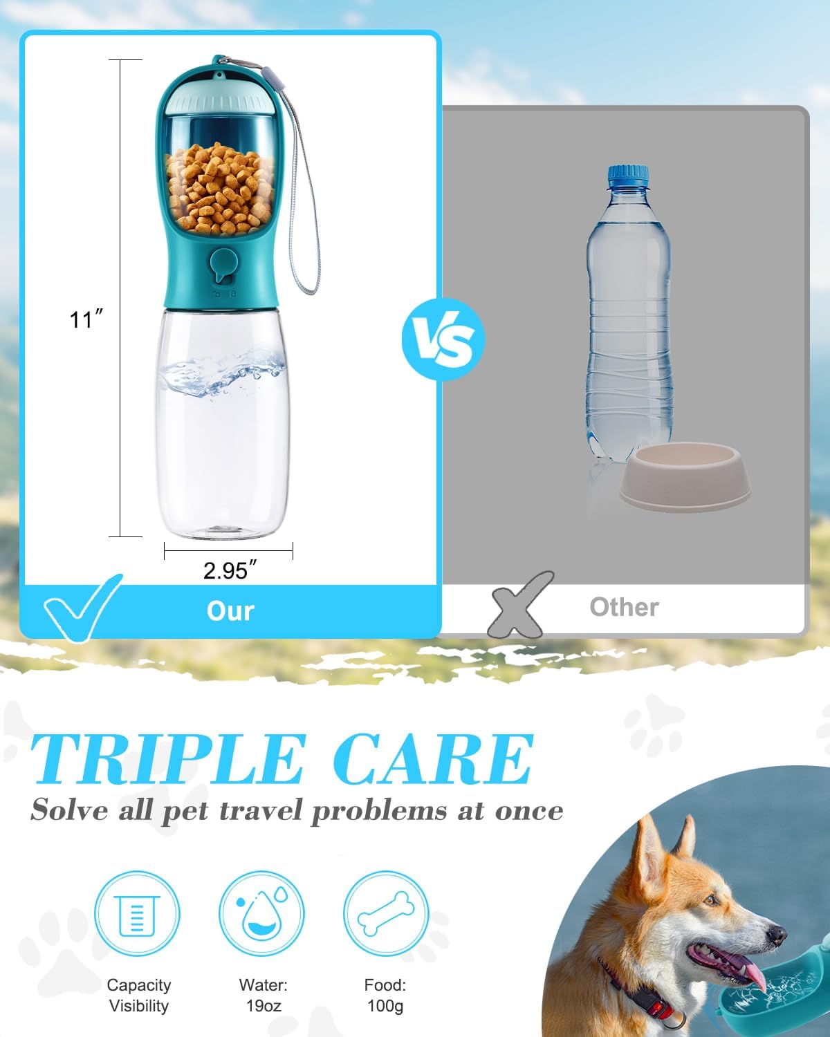 Dog Water Bottle 2 in 1, Leak Proof Portable Pet Water Bottle with Food Container, Outdoor Portable Water Dispenser for Cat, Puppy for Walking, Hiking, Camping, Travel(10oz Blue)