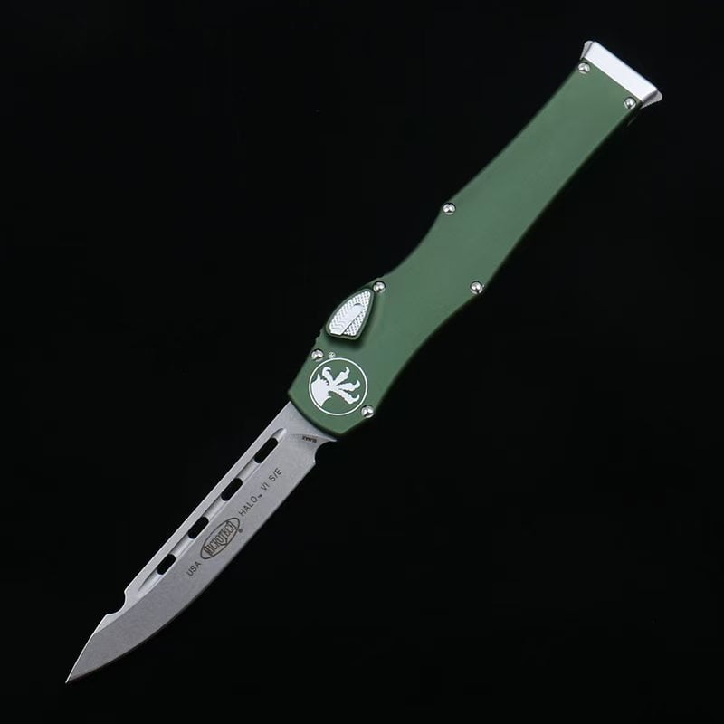 OTF micro-tech green handle Halo 6 lever straight jump knife