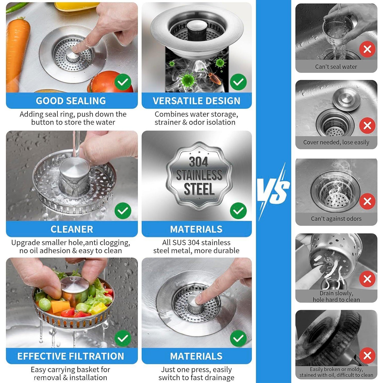 🎁TikTok Last Day Promotion -70% OFF🔥3-in-1 Stainless Steel Sink Drain Strainer