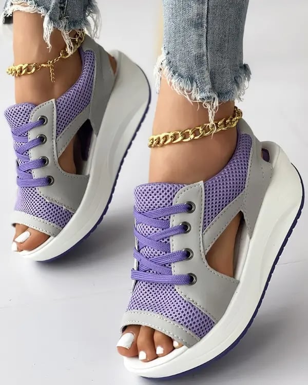 (🎉Last Day Promotion 50% OFF) Contrast Paneled Cutout Lace-up Muffin Sandals - Buy 2 Get Extra 10% OFF & FREE SHIPPING