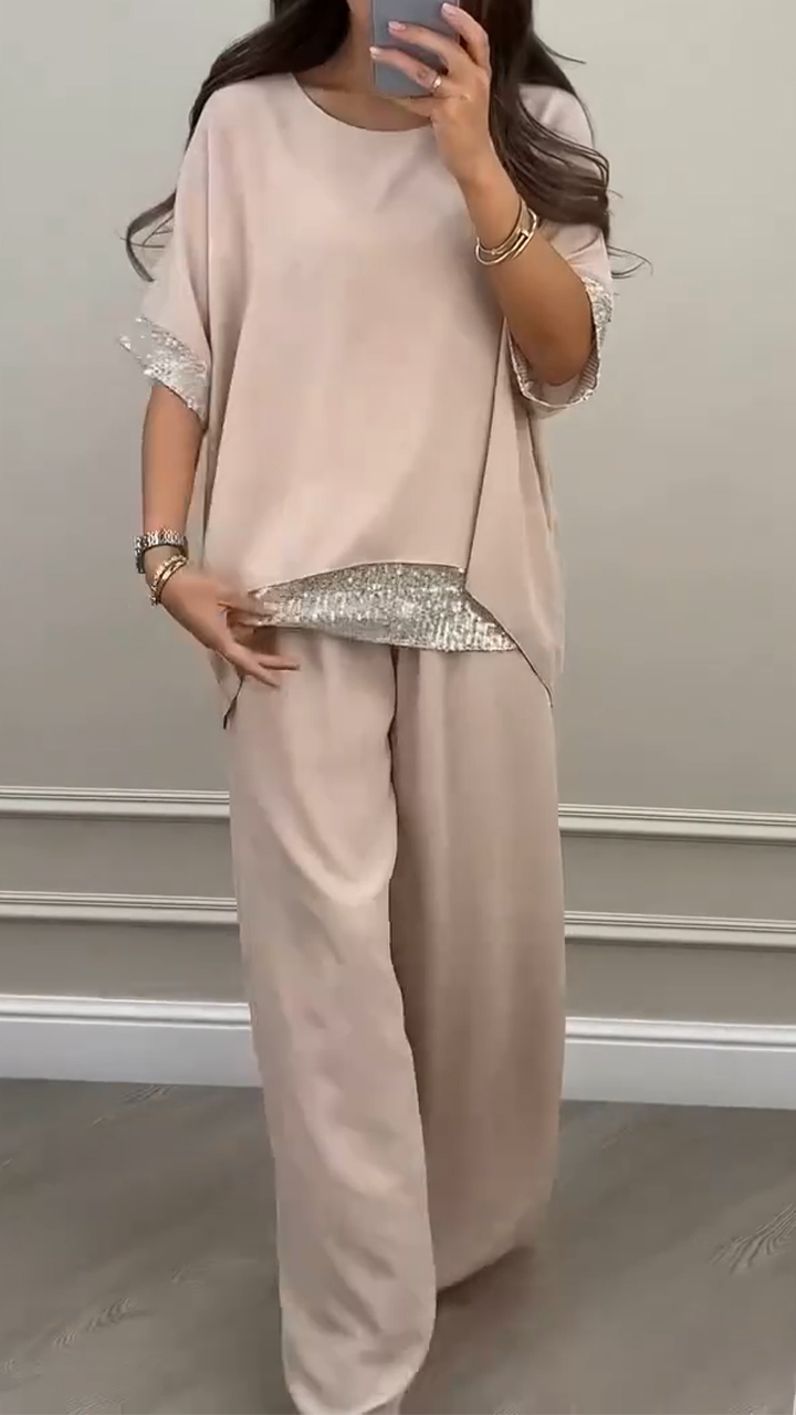 Women's Round Neck Shiny Splicing Casual Set