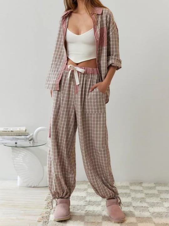 🔥Letzten Tag -70 % RABATT - Rosa lockeres Pyjama-Set