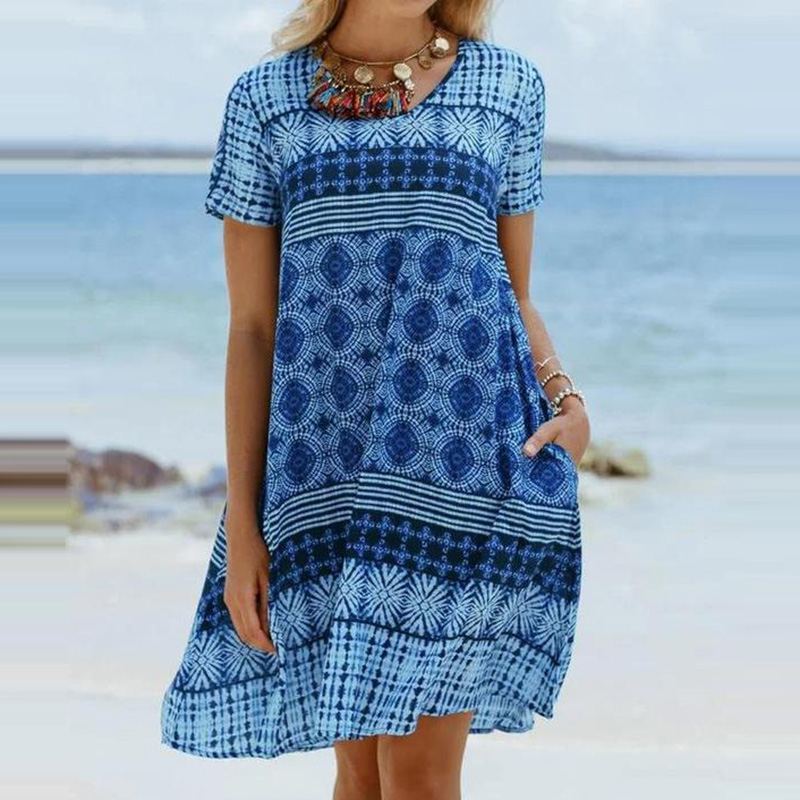 Print medium length dress with short sleeves and round neck