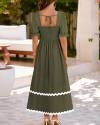 BTFBM Women's 2024 Summer Square Neck Short Puff Sleeve Dress Casual RIC Rac Tie Back Smocked A Line Flowy Maxi Dresses