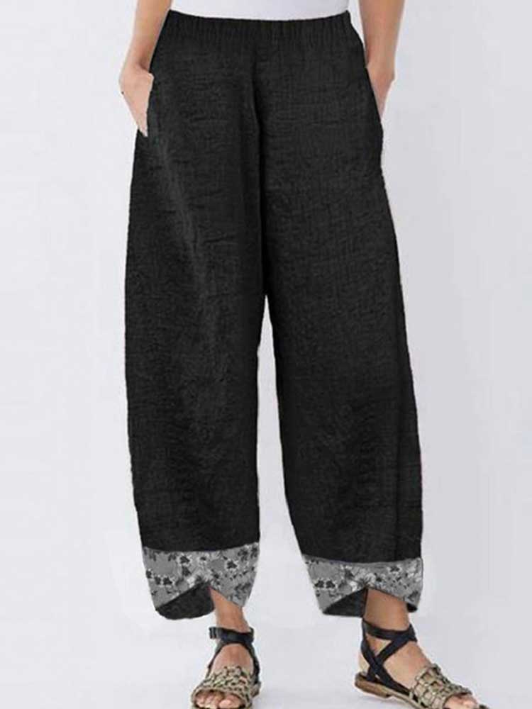 Women Printed Cotton Linen Splicing Irregular Solid Color Pants