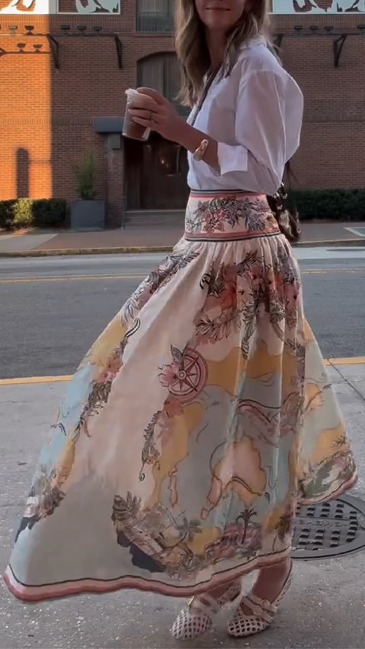 Women's Lapel White Shirt + Printed Skirt Casual Suit