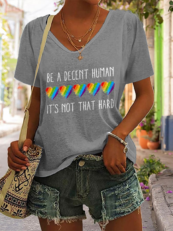 V-Neck Retro Be A Decent Human It's Not That Hard Print T-Shirt