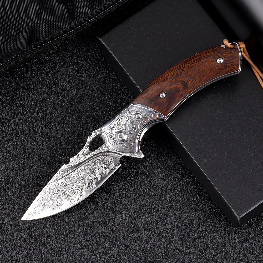 🐺 Damascus Pocket Knife – Handmade VG10 Steel with Abalone Shell Handl