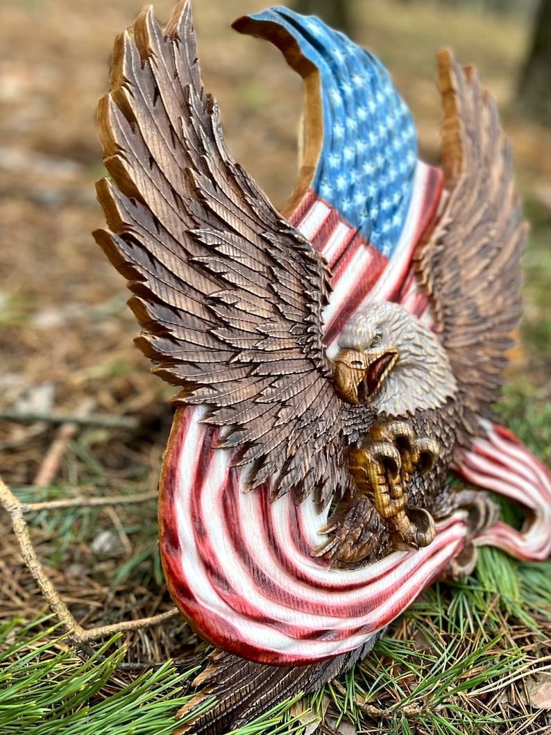 🔥Handcrafted Wooden American Flag with Bald Eagle