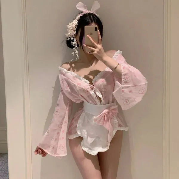 Kawaii Pink Bunny Kimono Cosplay Costume – Cute Japanese Anime Lolita Dress with Bunny Ears Headband & Apron | Sexy Babydoll Roleplay Outfit for Women PPF0341