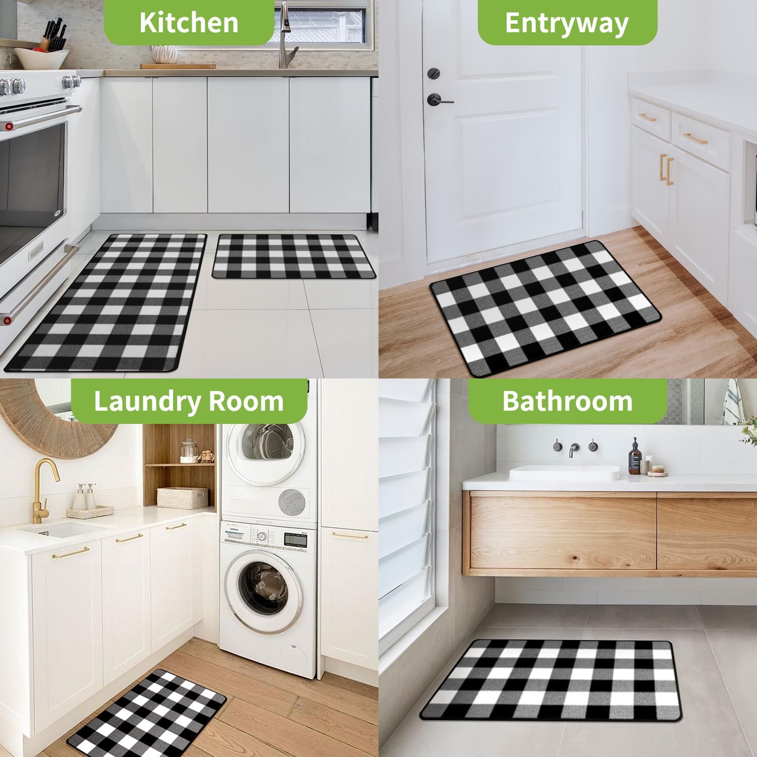 Buffalo Check Plaid Kitchen Rug Set - 2PCS (17x47 & 17x29), Farmhouse Style, Non-Printed Woven Surface, Non-Slip, Machine Washable, Black & White