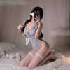 Playful Bunny Jumpsuit - One-Piece Grey Costume with Thigh Slits & Open Back PPF0334