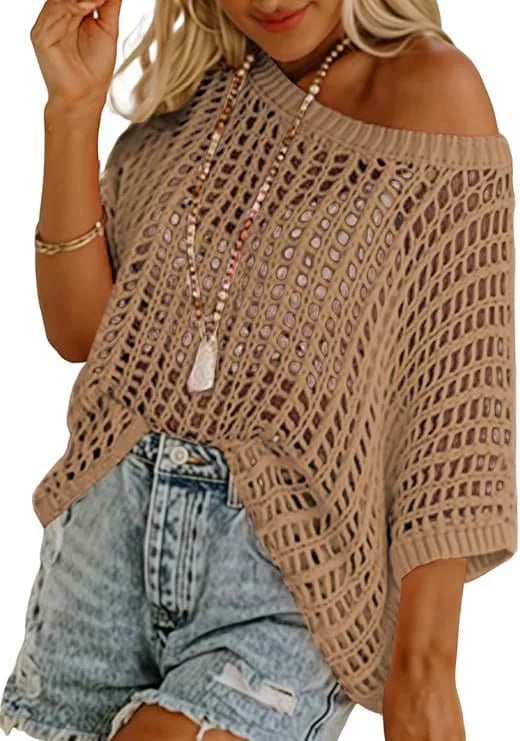 🎁TikTok Last Day Sale - 70% OFF🎉 Womens Summer Scoop Neck ShortSleeve Sweater Casual Crochet Hollow Out KnitTops