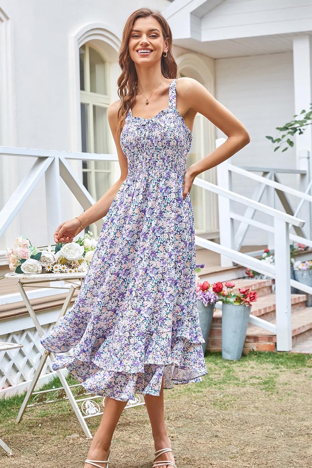 GRACE KARIN Women's 2024 Summer Floral Boho Dress Square Neck Strapped Swing A Line Beach Long Maxi Dress