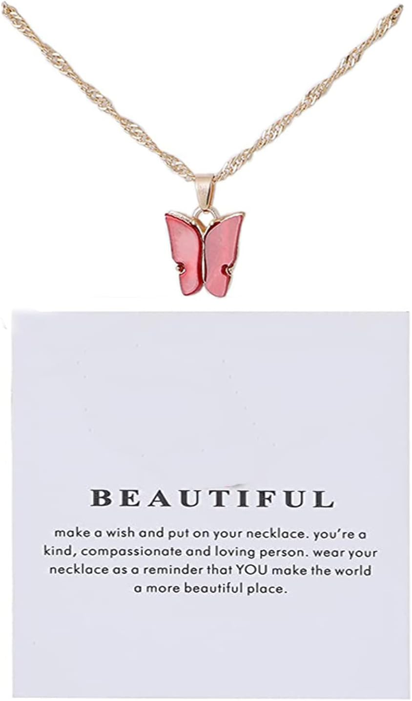 Colorful Acrylic Butterfly Pendant Necklace Bohemian Adjustable Retro Card Clavicle Chain Insect Animal Necklace for Women Girl Teen Friend Friendship Party Jewelry Gift