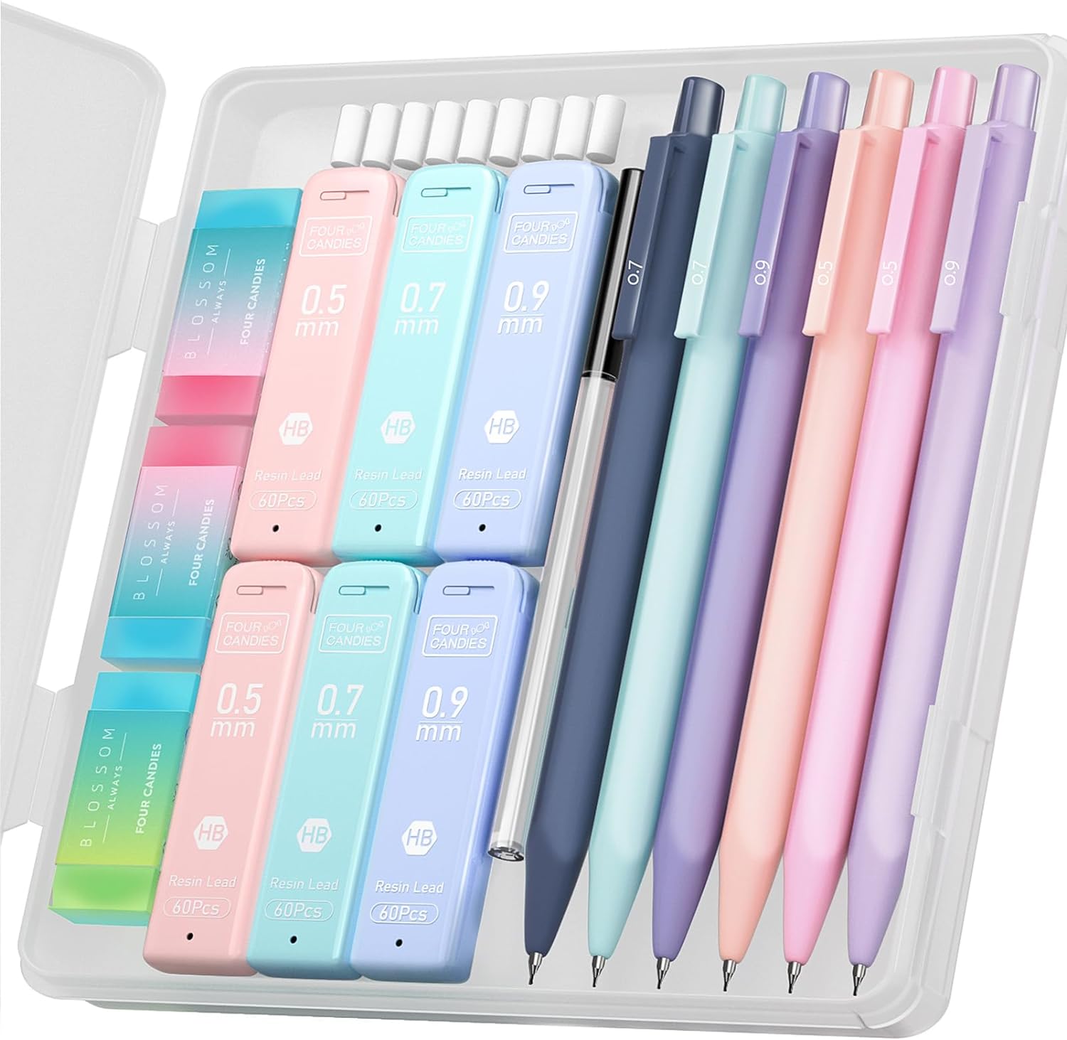 Four Candies Cute Mechanical Pencil Set, 6PCS Pastel Mechanical Pencils 0.5 & 0.7mm with 360PCS HB Pencil Leads, 3PCS Erasers and 9PCS Eraser Refills, Aesthetic Mechanical Pencils for Girls Writing