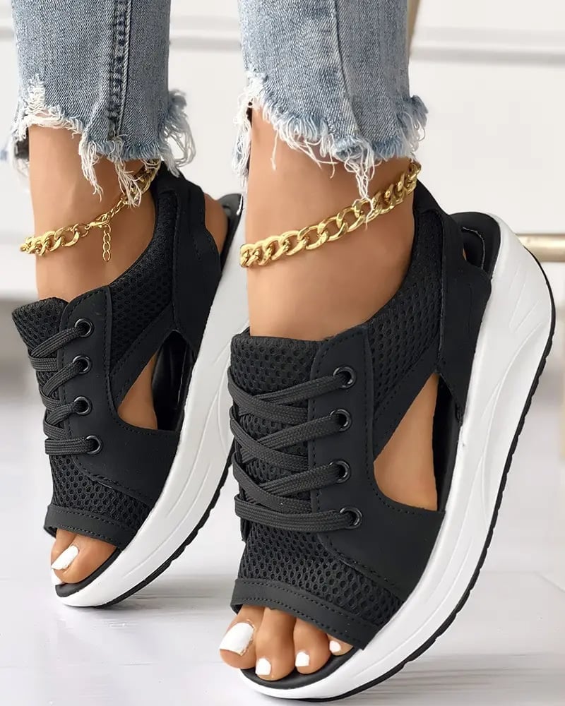 (🎉Last Day Promotion 50% OFF) Contrast Paneled Cutout Lace-up Muffin Sandals - Buy 2 Get Extra 10% OFF & FREE SHIPPING
