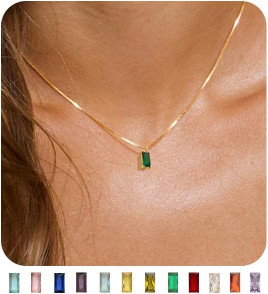 FUNEIA Diamond Necklaces for Women 14K Gold Plated Emerald Birthstone Necklace for Women Mothers Dainty Gold Necklace Blue Green Cubic Zirconia Pendant Necklace Birthday Gifts for Women Girls Jewelry