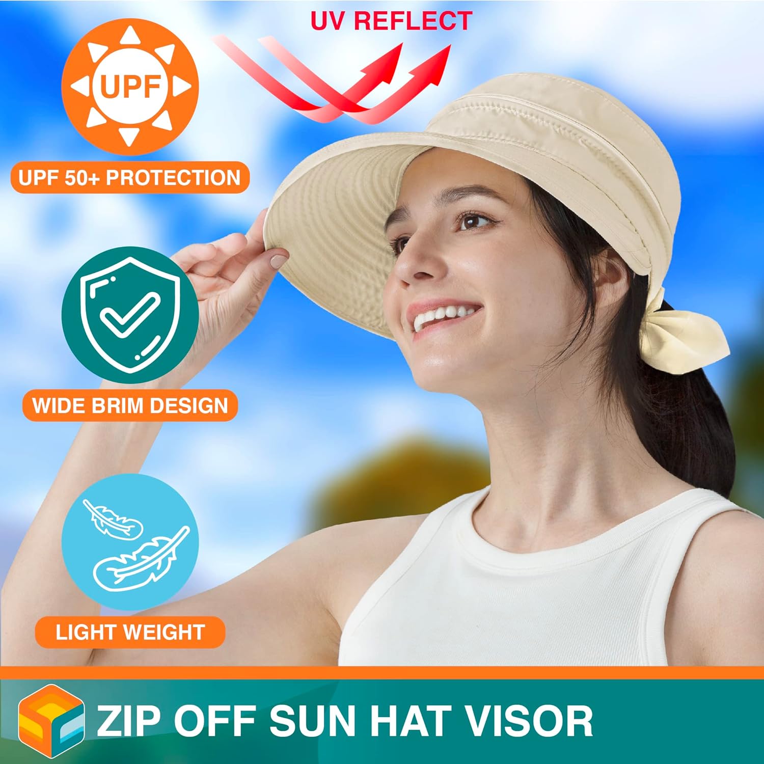 SUN CUBE Women Sun Hat for Outdoor UV Protection, Wide Brim Sun Hat Ponytail, Convertible Zip-Off Beach Hat Visor