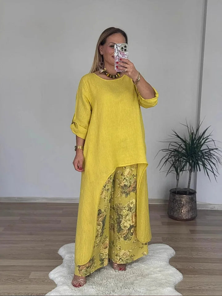 Linen Blend Crew Neck Long Sleeve Irregular Loose Top and Elastic Waist Floral Print Casual Pocket Set