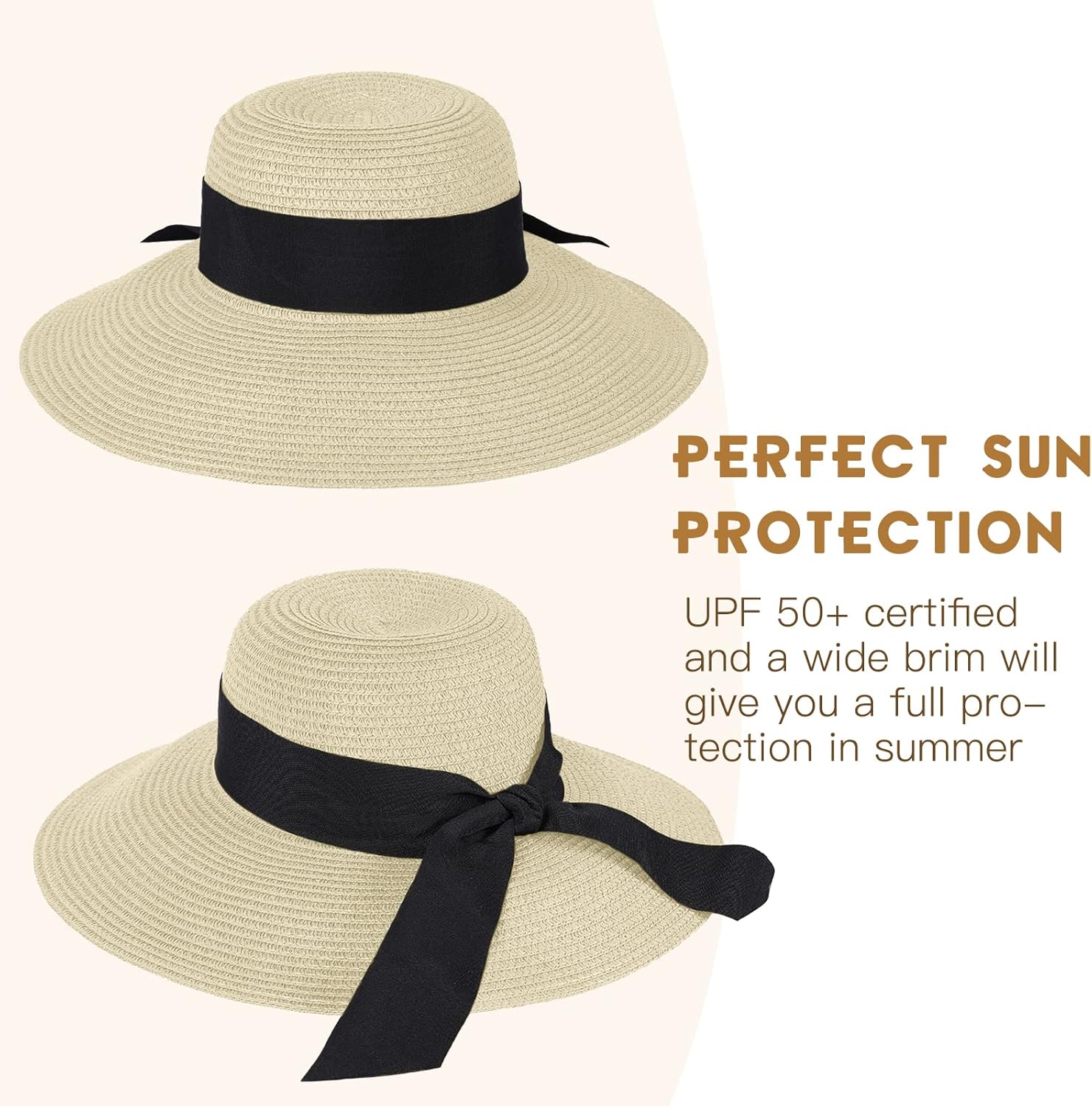 Beach Hat for Women, Wide Brim Sun Straw Hat for Women, Sun Hat Womens UPF 50+ UV Protection, Floppy Foldable Summer Hat