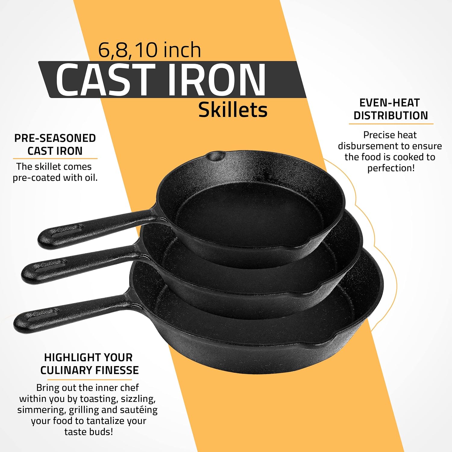 Utopia Kitchen Saute Fry Pan - Pre-Seasoned Cast Iron Skillet Set 3-Piece - Frying Pan - 6 Inch, 8 Inch and 10 Inch Cast Iron Set (Black)