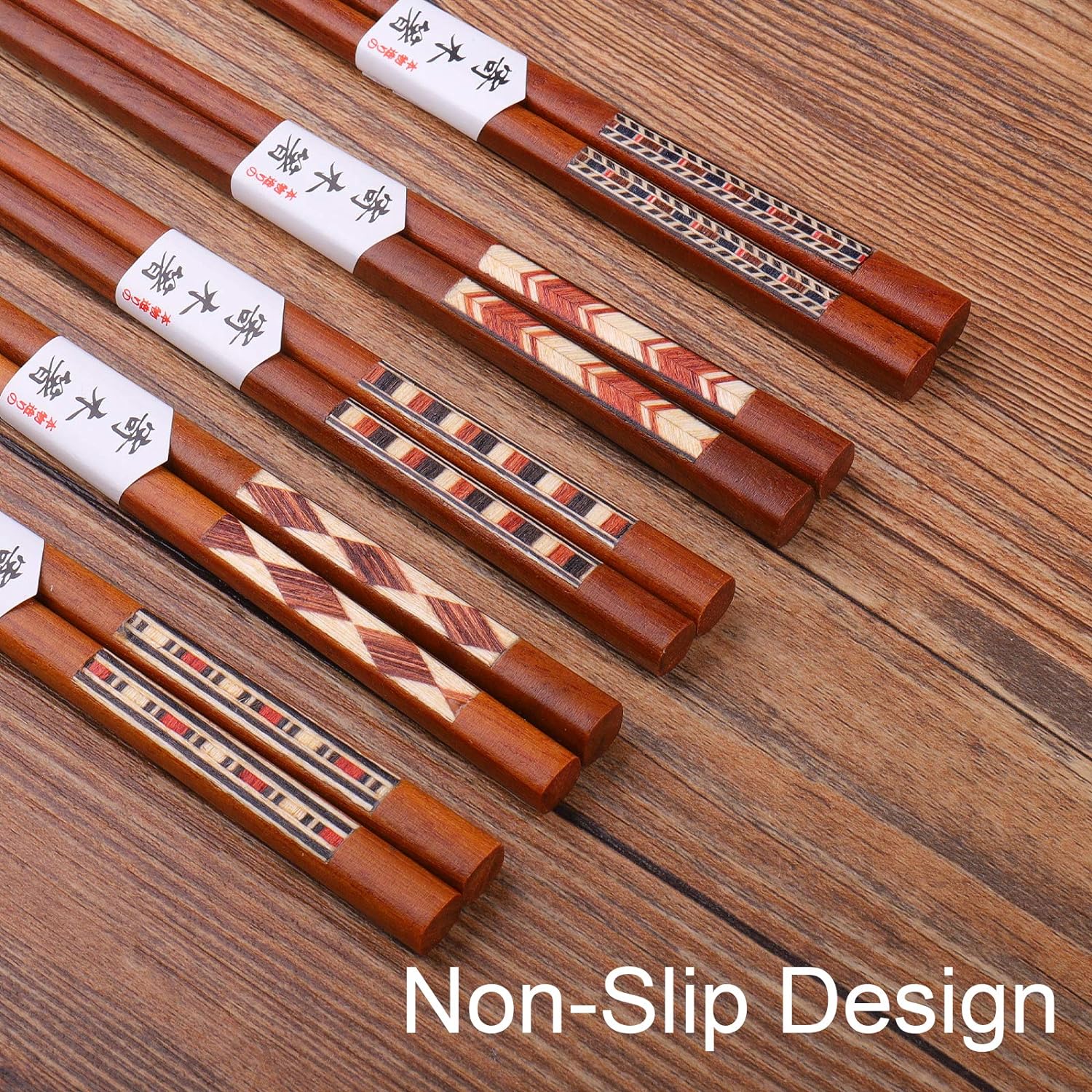 GLAMFIELDS Reusable Chopsticks Japanese Natural Wooden 5 Pairs Classic Style Lightweight Hand-Carved Safe Chop Sticks 8.8 Inch/22.5cm Gift Set