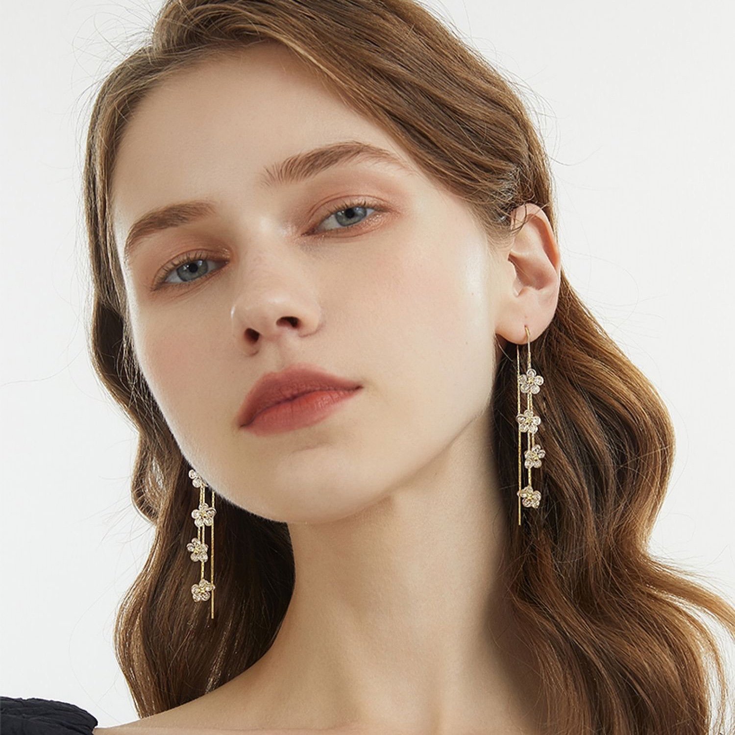 Fashion Crystal Flower Tassel Earrings