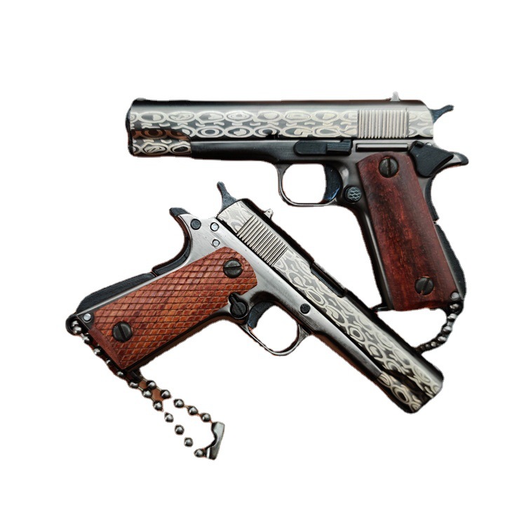 1:3 Damascus Pattern Wooden Handle Color M1911 Full Metal Gun Model Toy Keychain