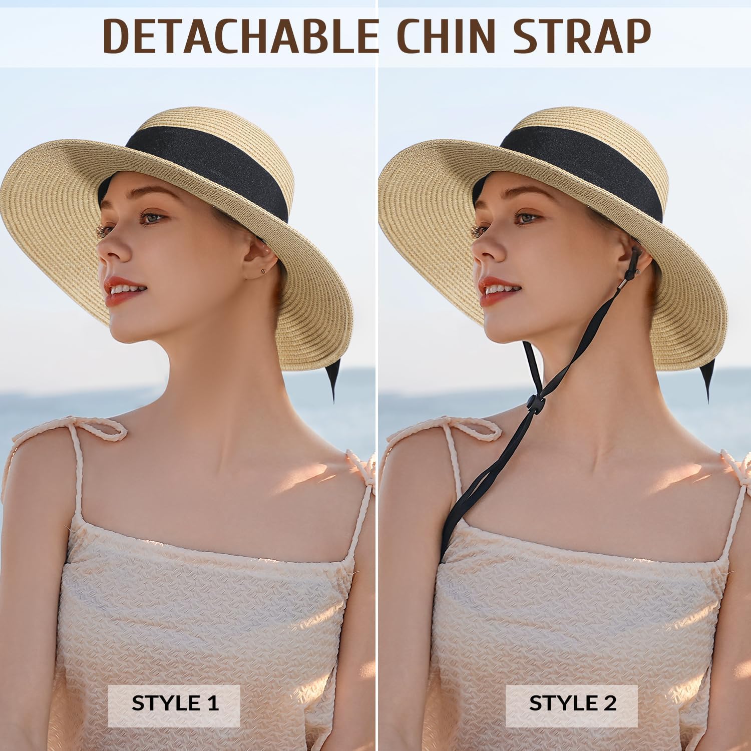 Beach Hat for Women, Wide Brim Sun Straw Hat for Women, Sun Hat Womens UPF 50+ UV Protection, Floppy Foldable Summer Hat