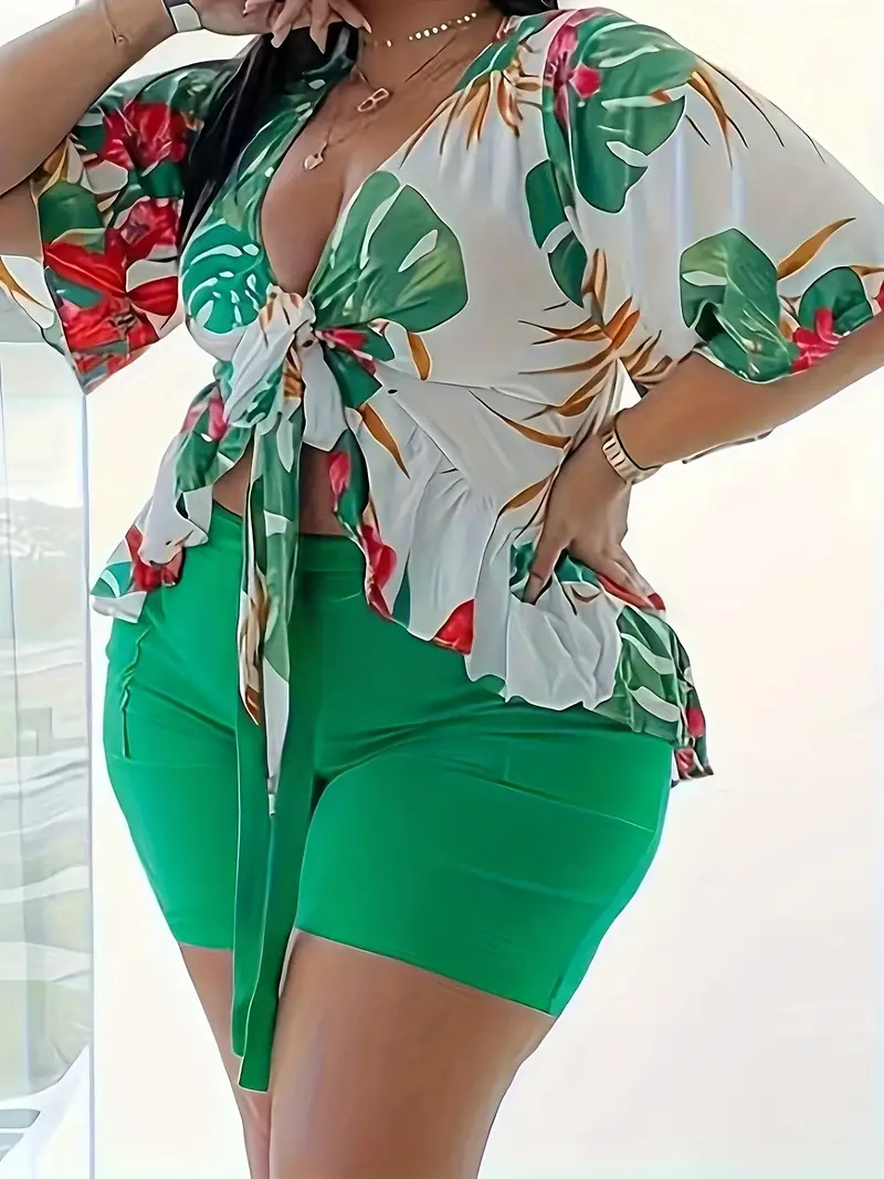 Women's Plus Size Tropical Print Peplum Top and Shorts Set