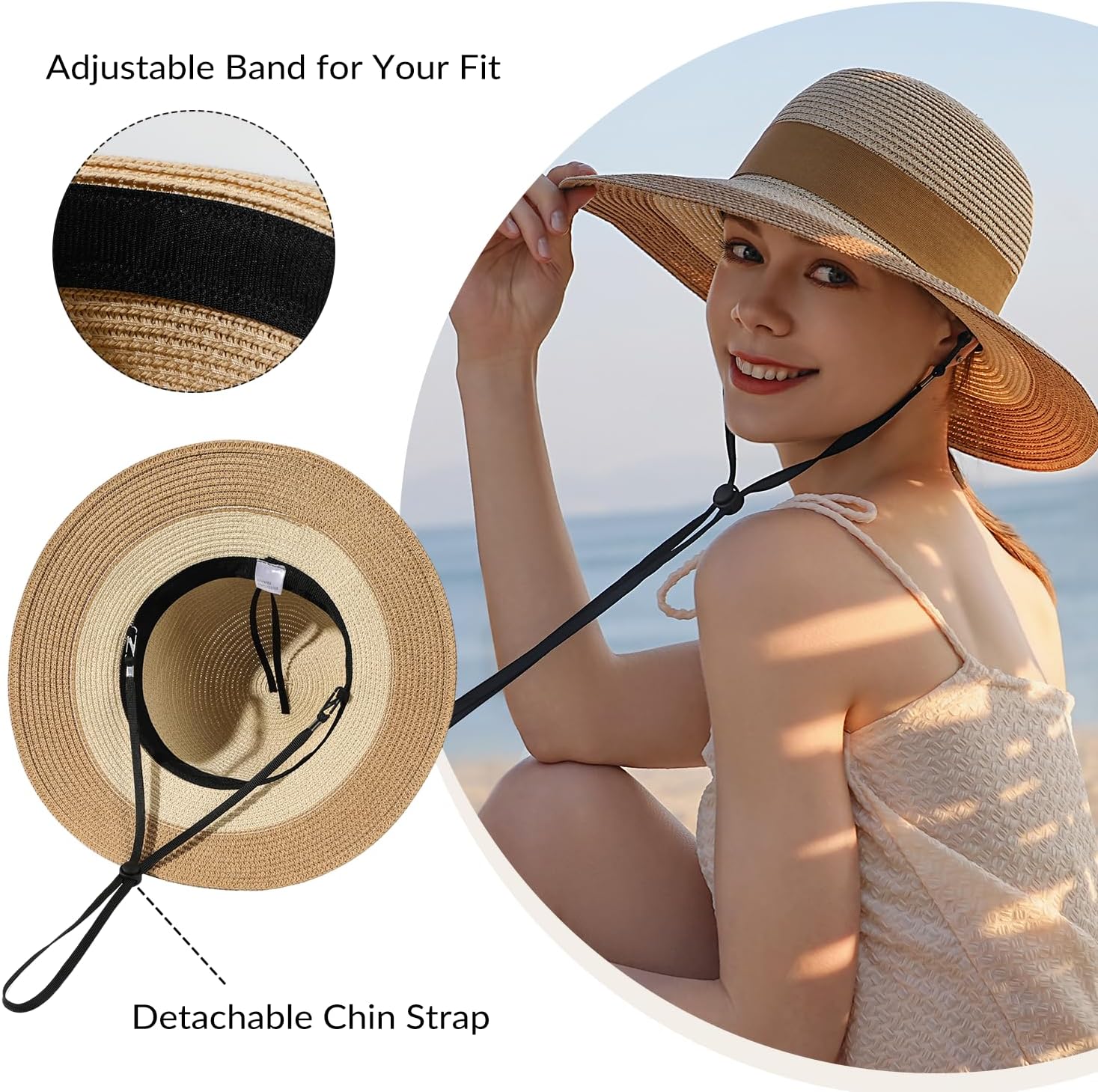 Beach Hat for Women, Wide Brim Sun Straw Hat for Women, Sun Hat Womens UPF 50+ UV Protection, Floppy Foldable Summer Hat