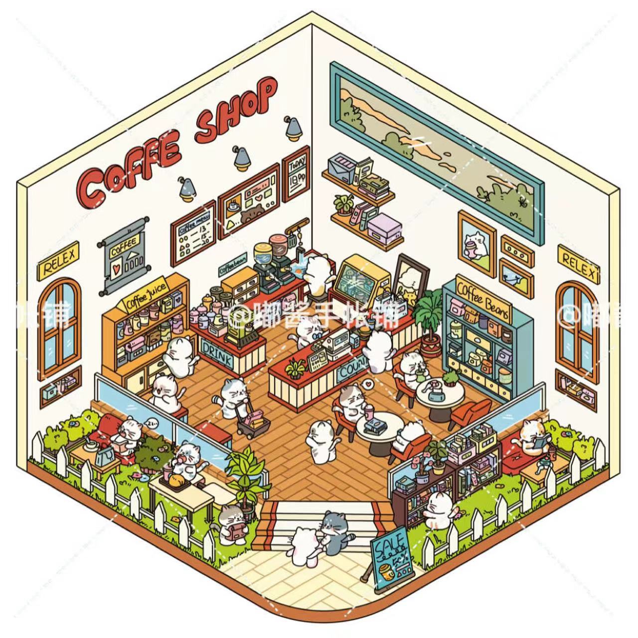 3D Sticker Scene,Make a Sunshine Greenhouse|Coffee Shop|Candy House|Clothing Shop