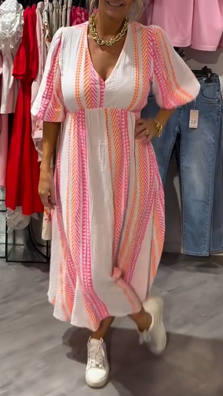 Women's V-neck Lantern Sleeve Printed Casual Dress