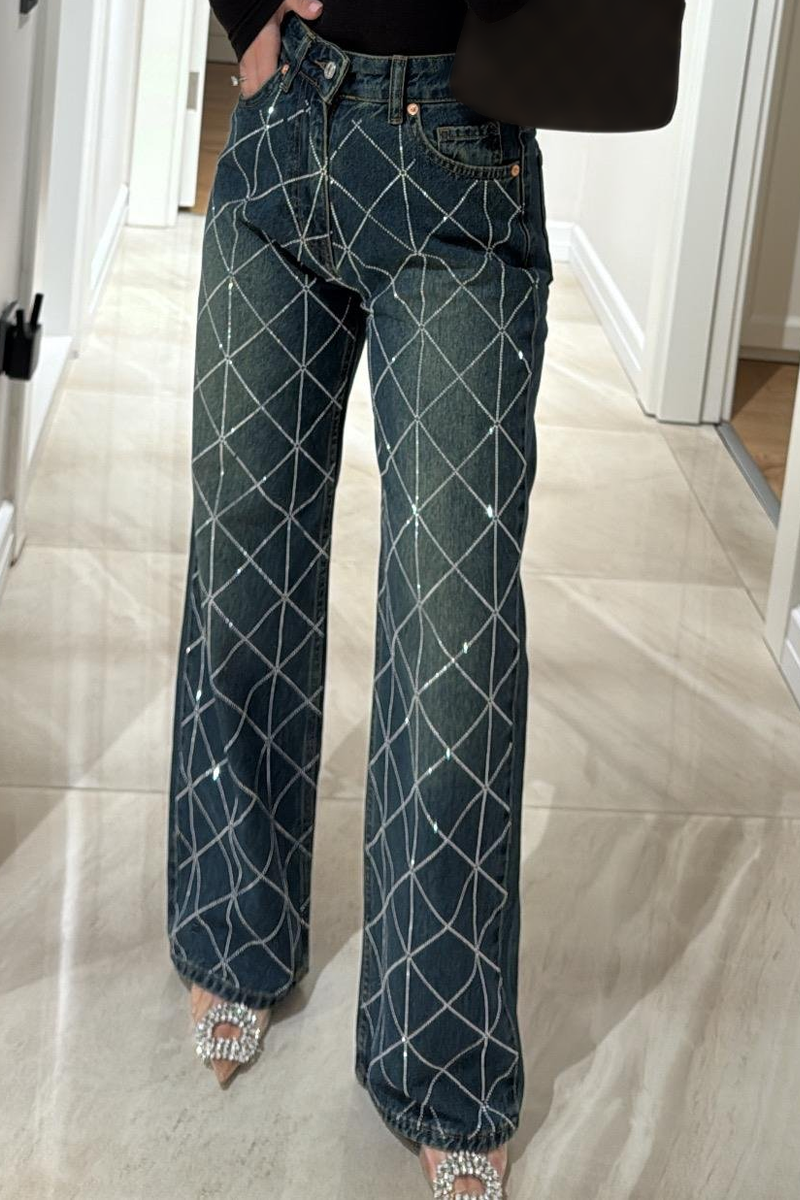 Women's Fashion High Waist Diamond Hot Diamond Straight Jeans