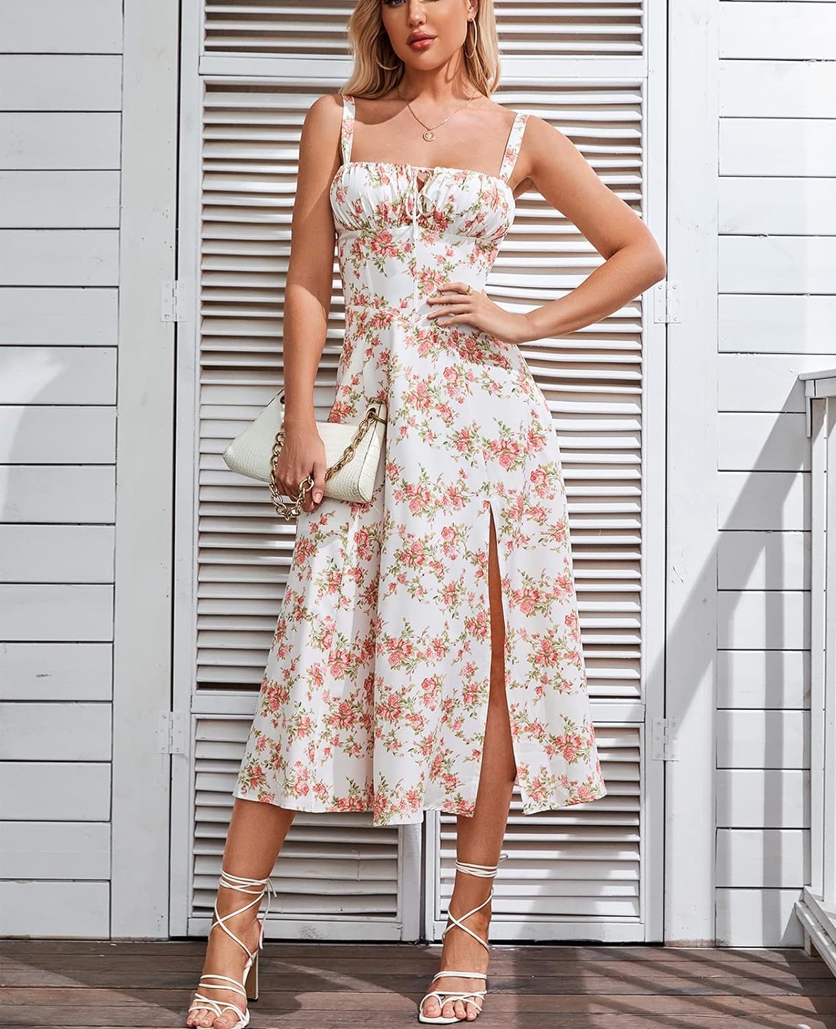 Floral Midi Corset Dress Boho Flowy Slit Lace Up Dresses for Women Going Out A Line Casual Sundress