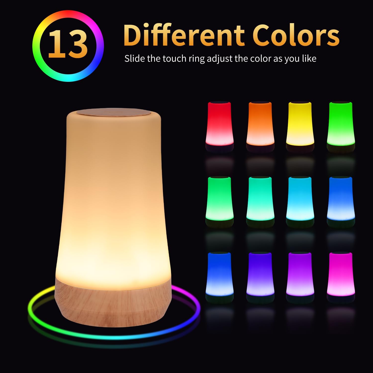 Touch Bedside Table Lamp,13 RGB Colors & 5 Brightness, USB Rechargeable Desk Lamp, Remote Control Dimmable Night Light with RGB Color Changing,Portable Lamp for Baby, Bedroom, Living Room