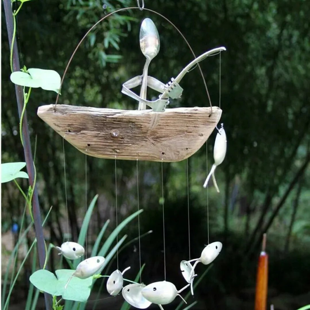 ❤️Handmade Fishing Man Spoon Fish Sculpture Wind Chime