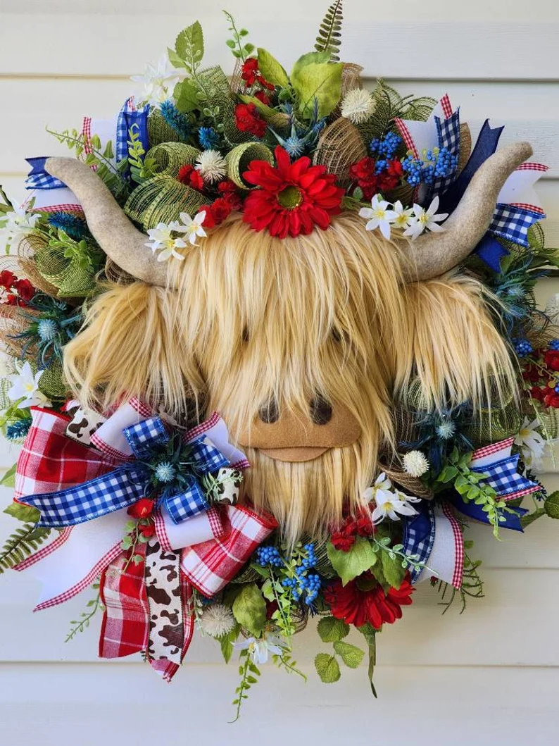 Highland🐮🐮Cow Floral Wreath-✨✨Designed for July 4th✨