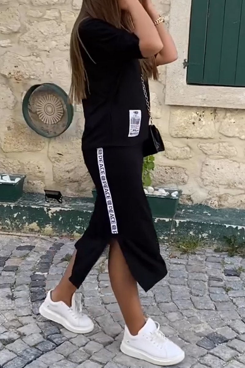 Women's Casual Contrast Color Fake Two-piece Off-Shoulder Top & Casual Stretch Contrast Color Letter Web Slit Slim Skirt