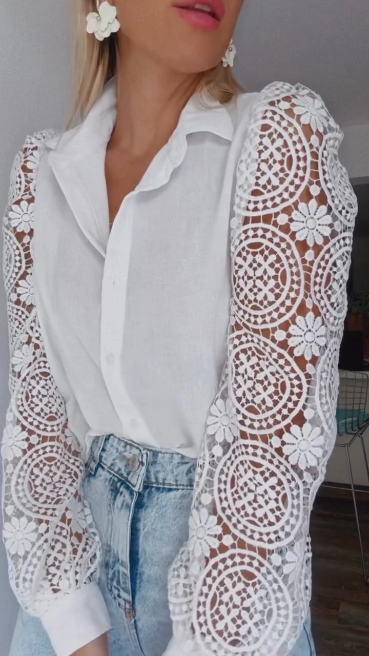 Women's Fashion Solid Color Lace Sleeve Splicing Shirt