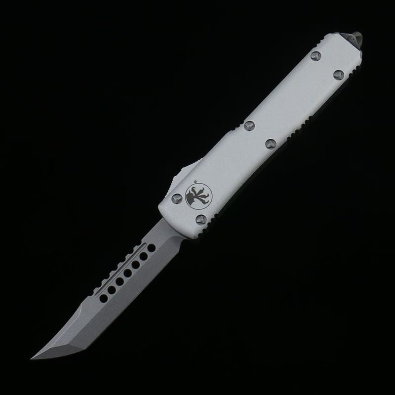 Microtech Silver White Handle OTF Straight Jump Knife