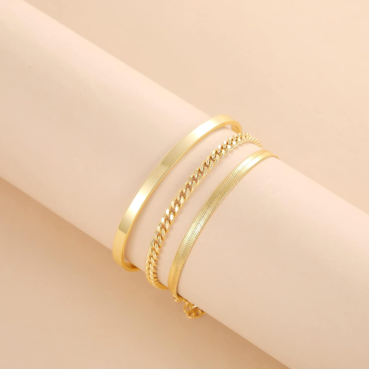 Moodear Gold Bracelet for Women 14K Real Gold Bracelet Sets for Women Dainty Snake Chain Bracelet Adjustable Cuban Link Bracelet for Women Cuff Bangle Gold Stackable Bracelets for Womens Jewelry Sets