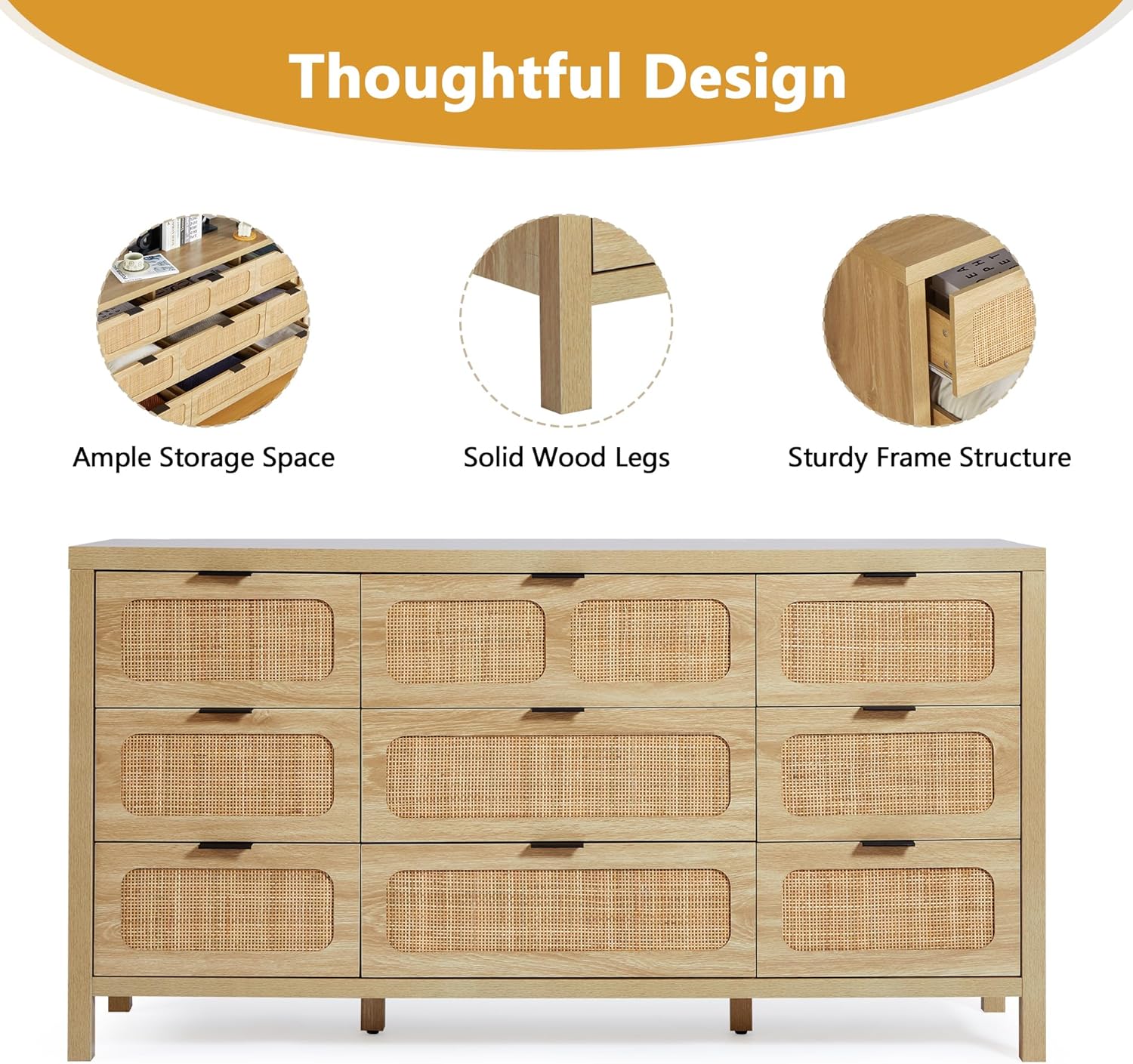 9 Drawer Dresser with Rattan Finish, Modern Farmhouse Chest of Drawers with Metal Handles, Accent Wood Storage Cabinet for Bedroom, Living Room and Kitchen (Natural)