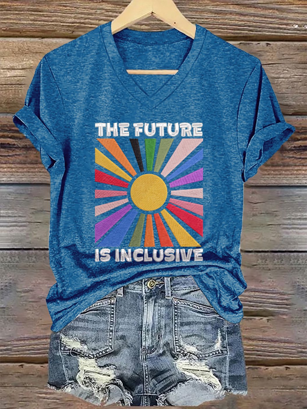 V-Neck Retro The Future Is Inclusive Print T-Shirt