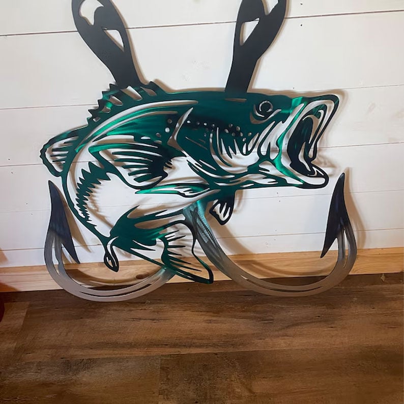 🔥Metal Bass Fish with Hooks Plasma Cut Sign Art