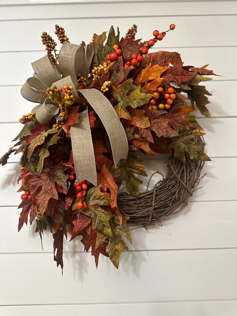 🍁Fall Harvest Sale: 60% OFF! Fall Maple Leaves Wreath, Small Autumn Front door wreath, wreath with berries and peonies, Thanksgiving Harvest Grapevine