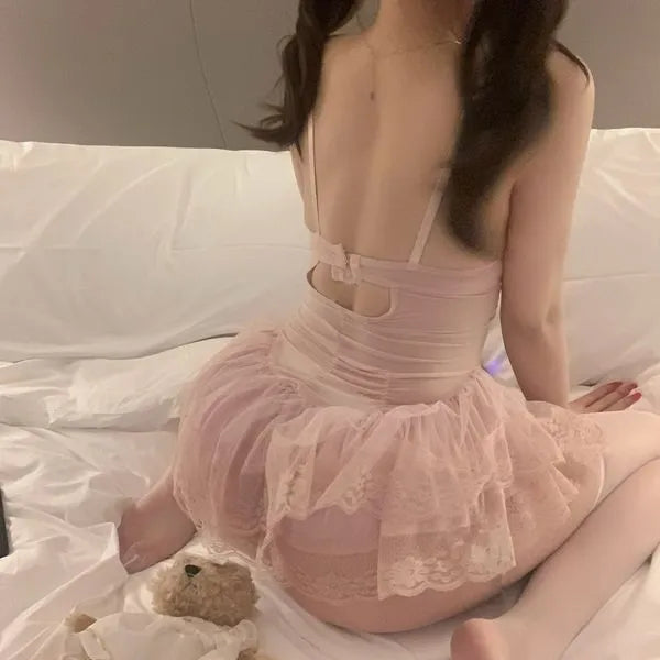 Floral Lace Teddy Dress - Adjustable Garter Slip with Padded Bust in Blush/Champagne PPF0354